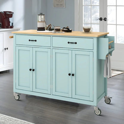 Classic Wooden Kitchen Island Cart with 2 Drawers, 2 Cabinets, a Towel Rack and a Spice Rack