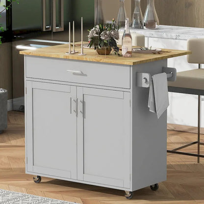 Rolling Kitchen Island with Storage,Kitchen Cart with Rubber Wood Top,Spacious Drawer with Divider and Internal Storage Rack