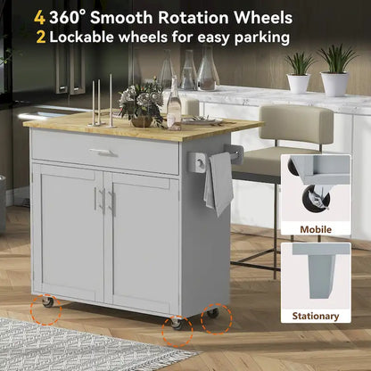 Rolling Kitchen Island with Storage,Kitchen Cart with Rubber Wood Top,Spacious Drawer with Divider and Internal Storage Rack