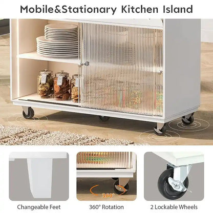 Multi-Functional Kitchen Island Cart with Drop Leaf, LED Light, and Power Outlets