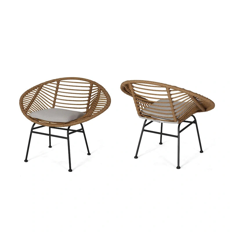 Modern Basket Chair Set with Water-Resistant Cushions and Steel Frame - Set of 2 Outdoor Chairs (No Tables)