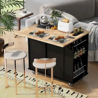 Multifunctional Kitchen Cart with Power Outlet, Open Storage and Wine Rack - 40 x 34 in.