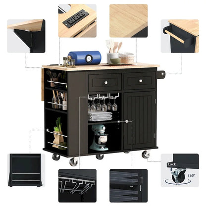 Multifunctional Kitchen Cart with Power Outlet, Open Storage and Wine Rack - 40 x 34 in.
