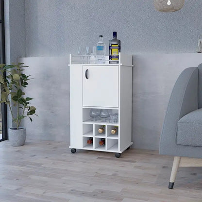 Bar Cart with Casters Reese, Six Wine Cubbies and Single Door for Kitchen, Party and Living Room