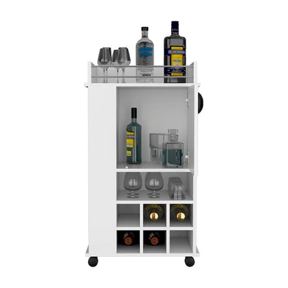 Bar Cart with Casters Reese, Six Wine Cubbies and Single Door for Kitchen, Party and Living Room
