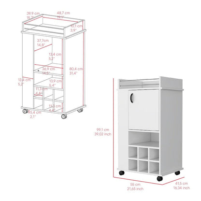 Bar Cart with Casters Reese, Six Wine Cubbies and Single Door for Kitchen, Party and Living Room