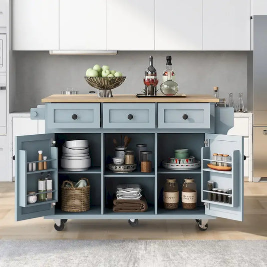 Kitchen Cart with Rubber wood Drop-Leaf Countertop ,Cabinet Door Internal Storage Racks