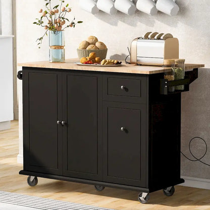 53.9 Width Rolling Kitchen Cart on Wheels with Internal Storage Rack and 3 Tier Pull Out Cabinet Organizer