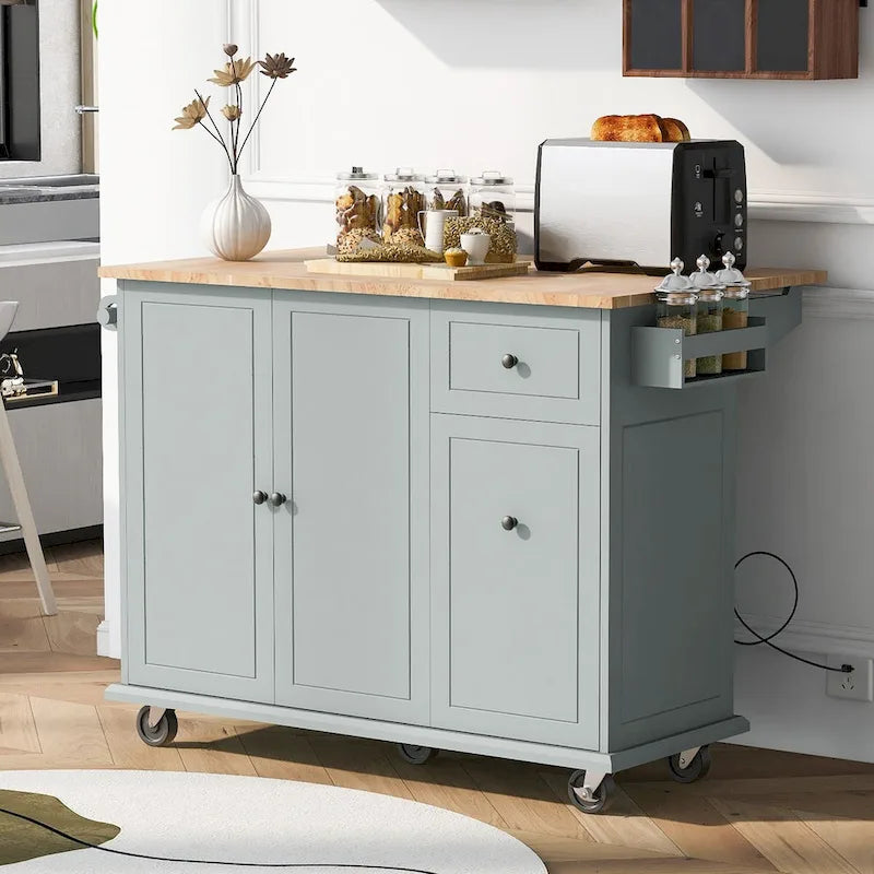 53.9 Width Rolling Kitchen Cart on Wheels with Internal Storage Rack and 3 Tier Pull Out Cabinet Organizer