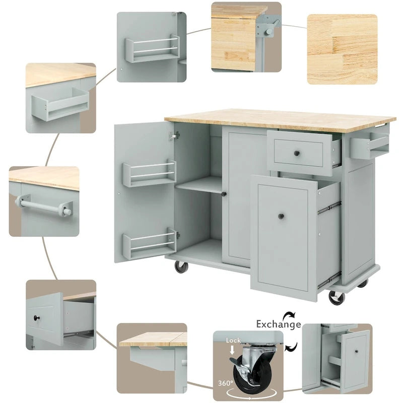 53.9 Width Rolling Kitchen Cart on Wheels with Internal Storage Rack and 3 Tier Pull Out Cabinet Organizer