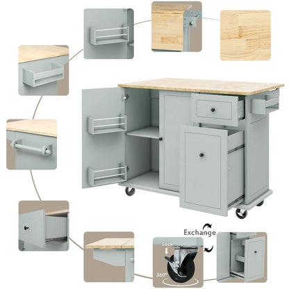 53.9 Width Rolling Kitchen Cart on Wheels with Internal Storage Rack and 3 Tier Pull Out Cabinet Organizer