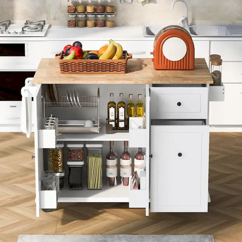 53.9 Width Rolling Kitchen Cart on Wheels with Internal Storage Rack and 3 Tier Pull Out Cabinet Organizer