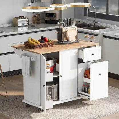 53.9 Width Rolling Kitchen Cart on Wheels with Internal Storage Rack and 3 Tier Pull Out Cabinet Organizer