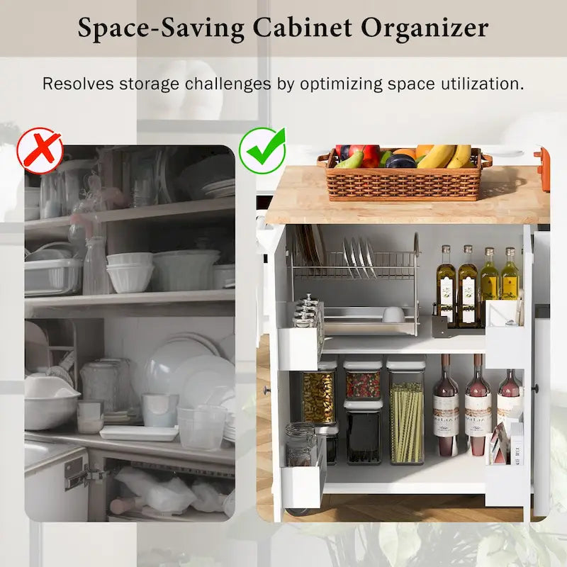 53.9 Width Rolling Kitchen Cart on Wheels with Internal Storage Rack and 3 Tier Pull Out Cabinet Organizer