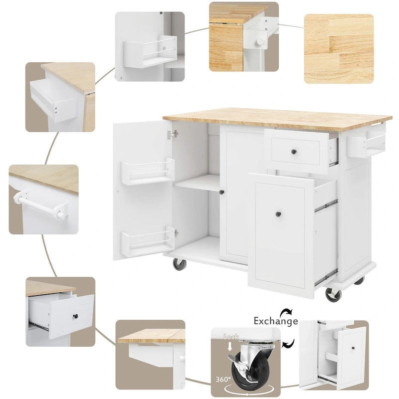 53.9 Width Rolling Kitchen Cart on Wheels with Internal Storage Rack and 3 Tier Pull Out Cabinet Organizer