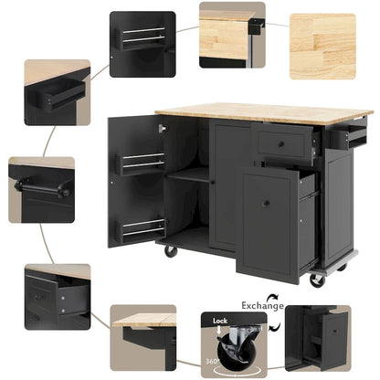 53.9 Width Rolling Kitchen Cart on Wheels with Internal Storage Rack and 3 Tier Pull Out Cabinet Organizer