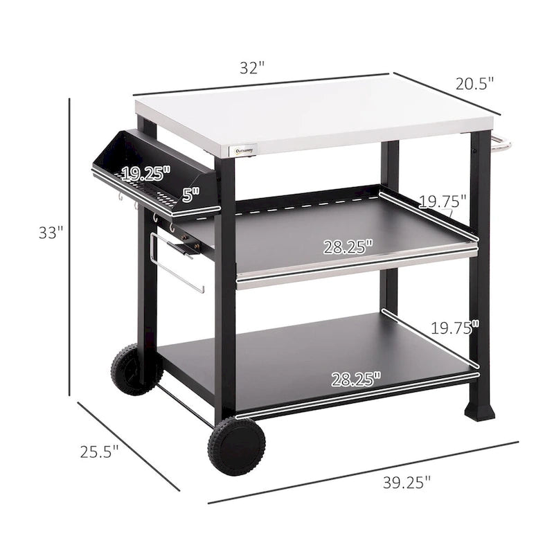 Three-Shelf Outdoor Grill Cart with Stainless Steel Tabletop on Wheels