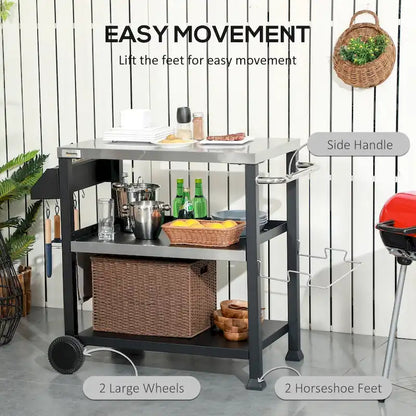 Three-Shelf Outdoor Grill Cart with Stainless Steel Tabletop on Wheels