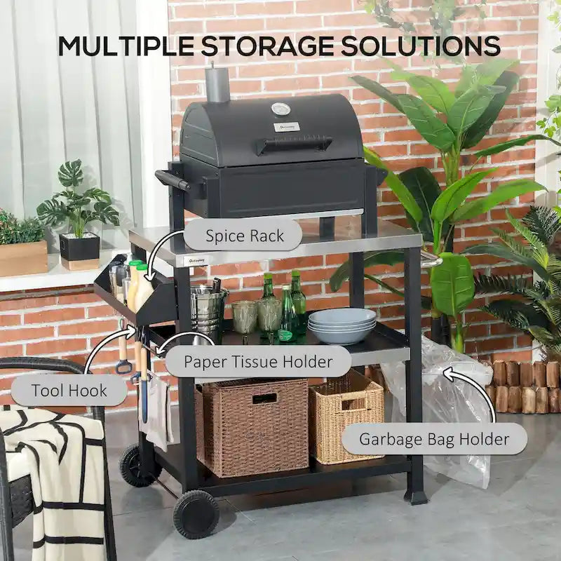 Three-Shelf Outdoor Grill Cart with Stainless Steel Tabletop on Wheels
