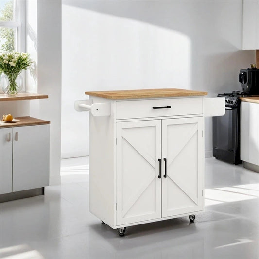 Kitchen Island Rolling Trolley Cart w/Adjustable Shelves,Wood Tabletop
