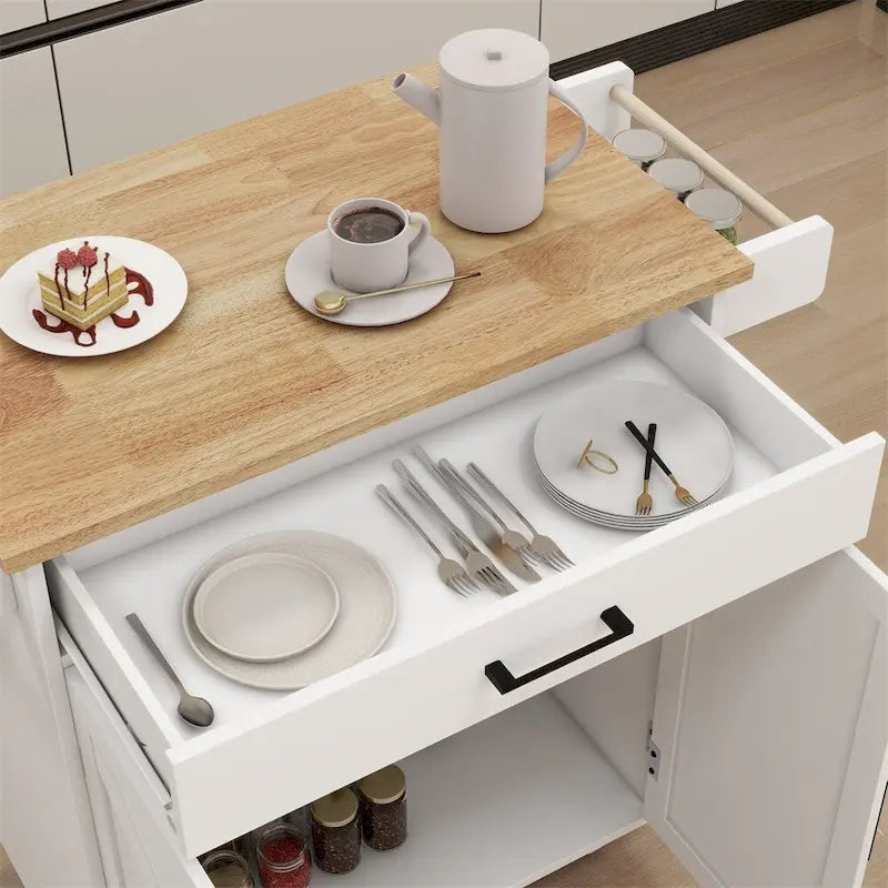 Kitchen Island Rolling Trolley Cart w/Adjustable Shelves,Wood Tabletop