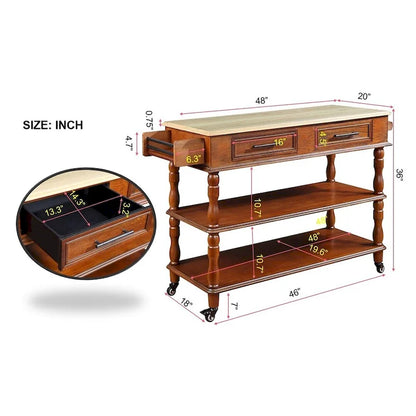 Rolling OAK Wood Top Kitchen Cart with Wine Rack and 2 Drawers