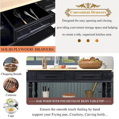 Rolling OAK Wood Top Kitchen Cart with Wine Rack and 2 Drawers