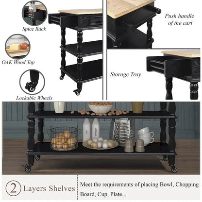 Rolling OAK Wood Top Kitchen Cart with Wine Rack and 2 Drawers
