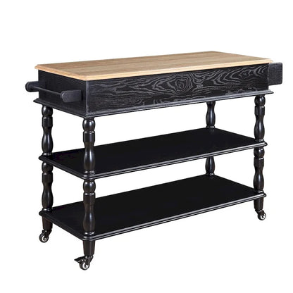Rolling OAK Wood Top Kitchen Cart with Wine Rack and 2 Drawers