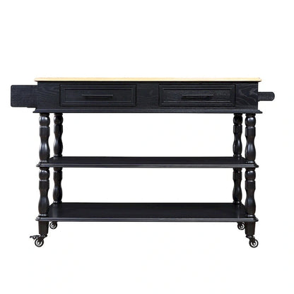 Rolling OAK Wood Top Kitchen Cart with Wine Rack and 2 Drawers