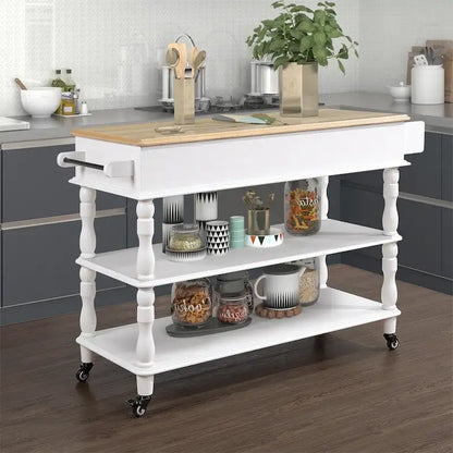 Rolling OAK Wood Top Kitchen Cart with Wine Rack and 2 Drawers