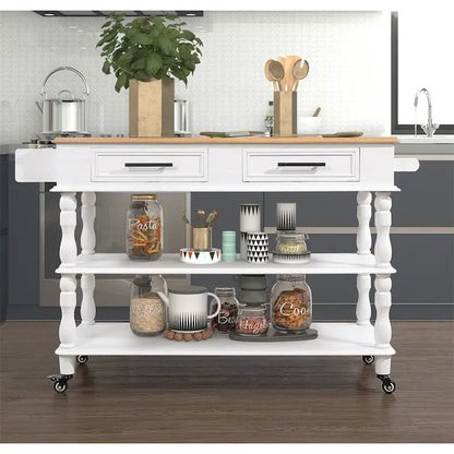 Rolling OAK Wood Top Kitchen Cart with Wine Rack and 2 Drawers