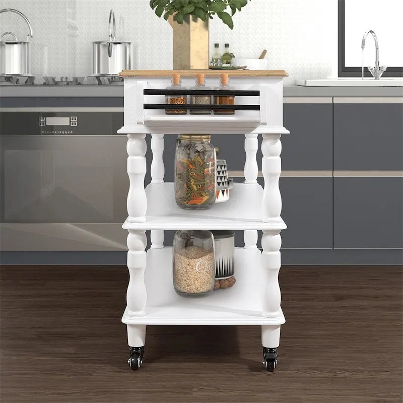 Rolling OAK Wood Top Kitchen Cart with Wine Rack and 2 Drawers