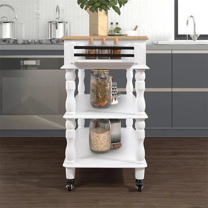 Rolling OAK Wood Top Kitchen Cart with Wine Rack and 2 Drawers