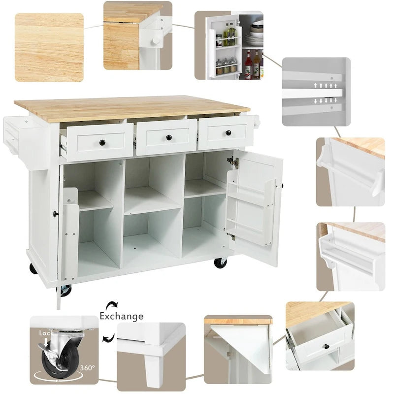 Kitchen Cart with Rubber Wood Drop-Leaf Countertop , Internal Storage Racks