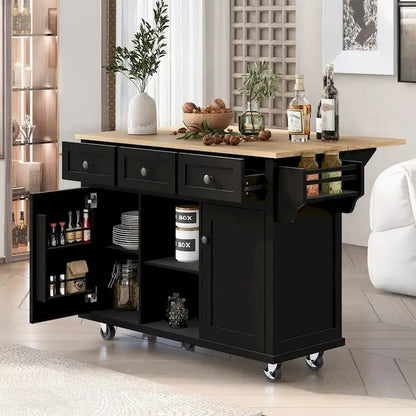 Kitchen Cart with Rubber Wood Drop-Leaf Countertop , Internal Storage Racks