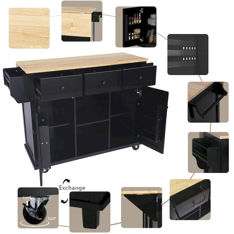 Kitchen Cart with Rubber Wood Drop-Leaf Countertop , Internal Storage Racks