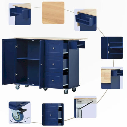 Rolling Mobile Kitchen Island with Drop Leaf - Solid Wood Top, Locking Wheels & Storage Cabinet 52.7 Inch Width(Dark blue)