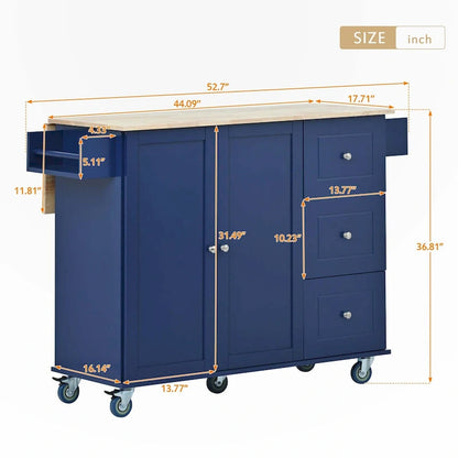 Rolling Mobile Kitchen Island with Drop Leaf - Solid Wood Top, Locking Wheels & Storage Cabinet 52.7 Inch Width(Dark blue)