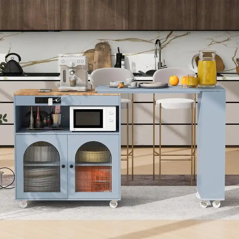 Rolling Kitchen Island With Extended Table,with LED Lights,Glass Doors