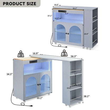 Rolling Kitchen Island With Extended Table,with LED Lights,Glass Doors