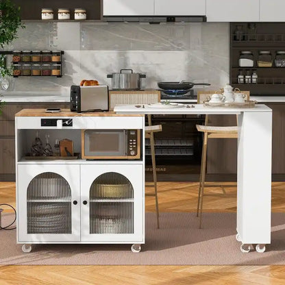 Rolling Kitchen Island With Extended Table,with LED Lights,Glass Doors