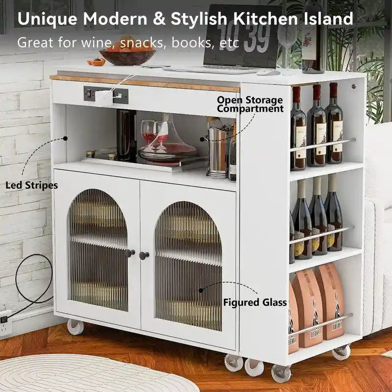 Rolling Kitchen Island With Extended Table,with LED Lights,Glass Doors