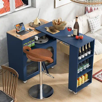 Rolling Kitchen Island With Extended Table,with LED Lights,Glass Doors
