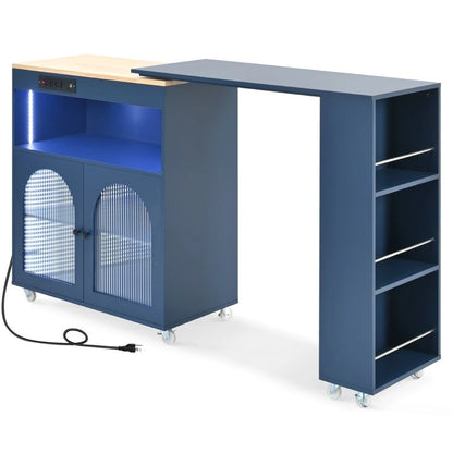 Rolling Kitchen Island With Extended Table,with LED Lights,Glass Doors
