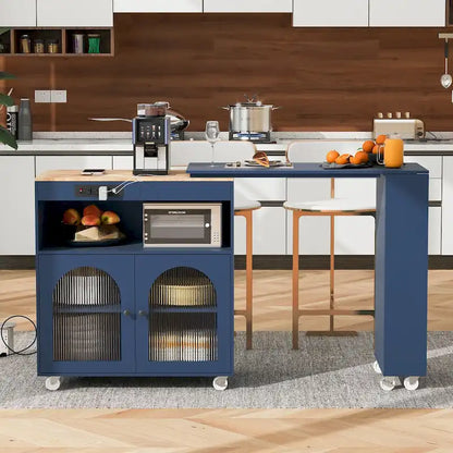 Rolling Kitchen Island with Movable Extended Table on Wheels,LED Lights Power Outlets & Fluted Doors,3 Open Adjustable Shelves