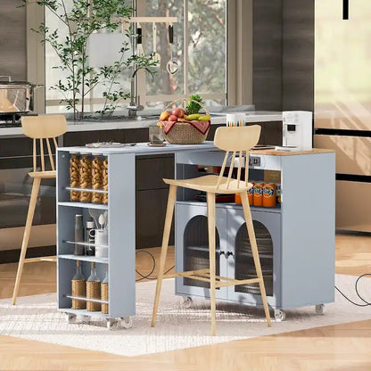 Rolling Kitchen Island with Movable Extended Table on Wheels,LED Lights Power Outlets & Fluted Doors,3 Open Adjustable Shelves