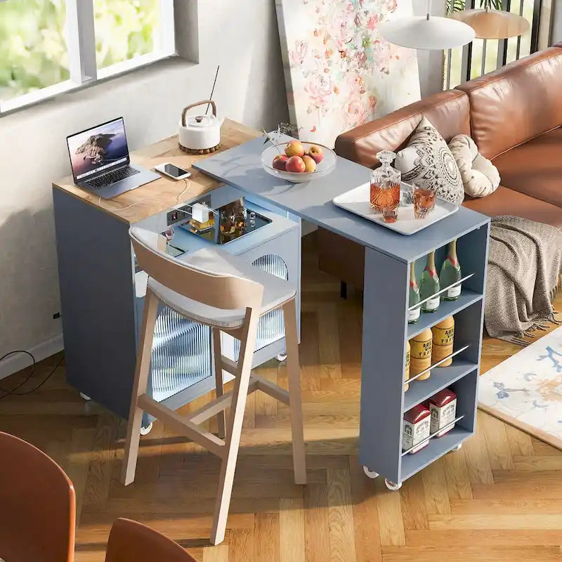 Rolling Kitchen Island with Movable Extended Table on Wheels,LED Lights Power Outlets & Fluted Doors,3 Open Adjustable Shelves
