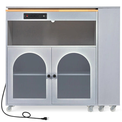 Rolling Kitchen Island with Movable Extended Table on Wheels,LED Lights Power Outlets & Fluted Doors,3 Open Adjustable Shelves