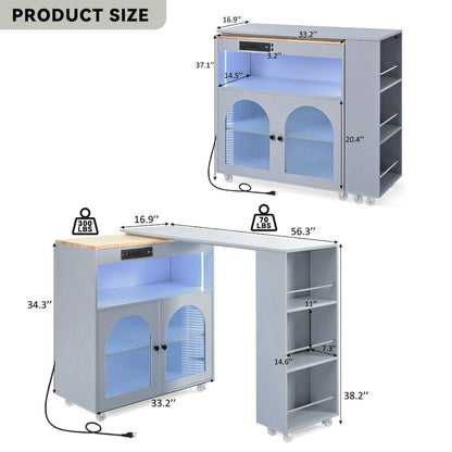 Rolling Kitchen Island with Movable Extended Table on Wheels,LED Lights Power Outlets & Fluted Doors,3 Open Adjustable Shelves